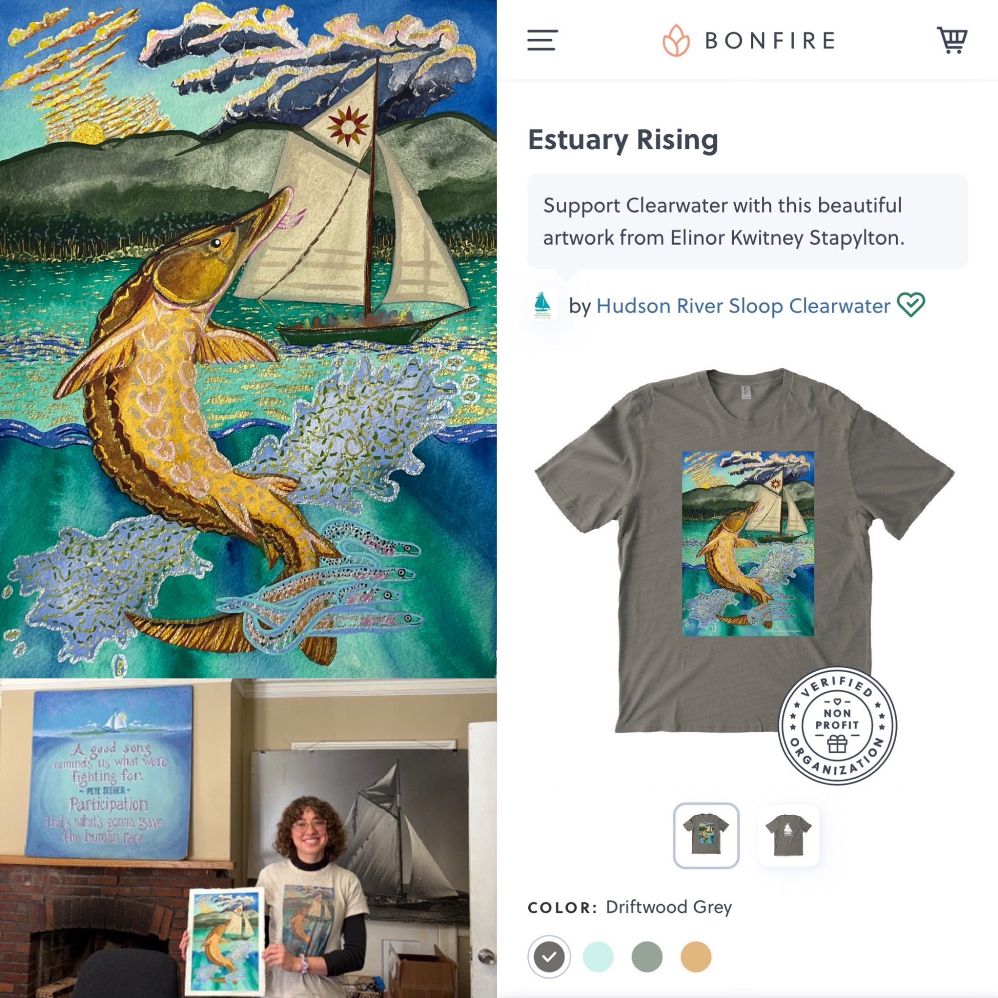 Estuary Rising design on a T-shirt at the Hudson River Sloop Clearwater Bonfire store