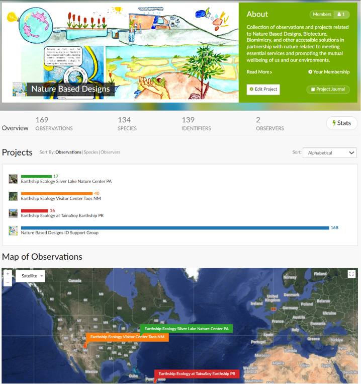 iNaturalist Nature Based Designs project overview and map of observations
